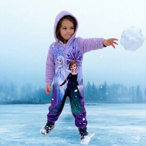 Frozen Elsa & Anna Hooded Jumpsuit Pajama – Purple Zip-Up One-Piece